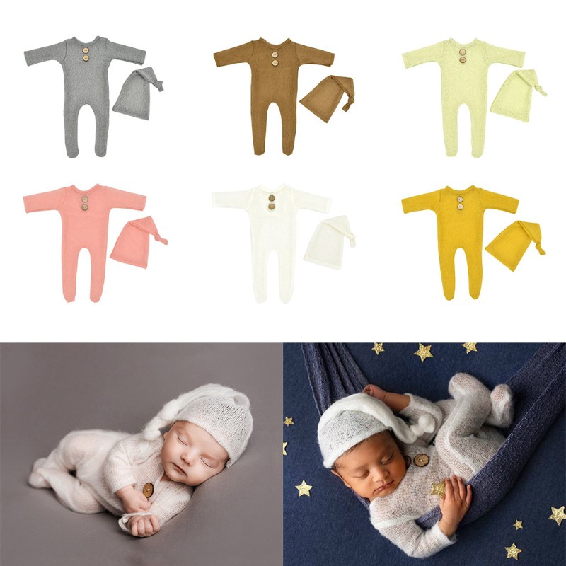 Set romper + mũ chóp dài bằng len dệt kim đạo cụ chụp ảnh cho bé sơ sinh