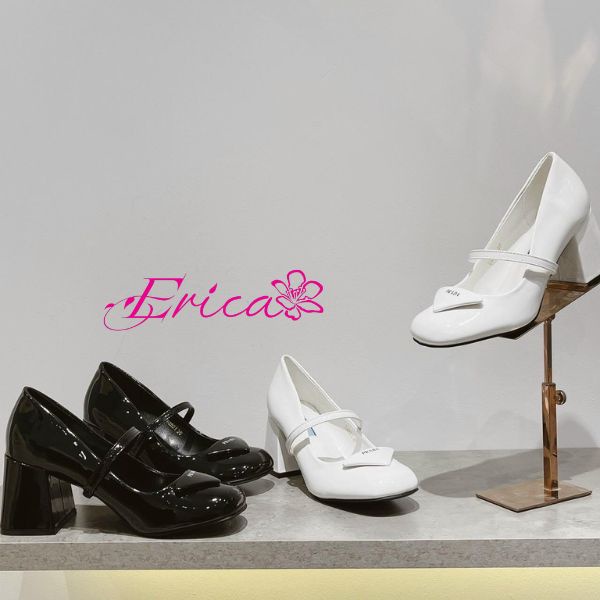 Giày prada đế vuông cao 7 phân bít mũi 2 màu trắng đen bóng dễ phối đồ phù hợp sinh viên, công sở ERICA SD037
