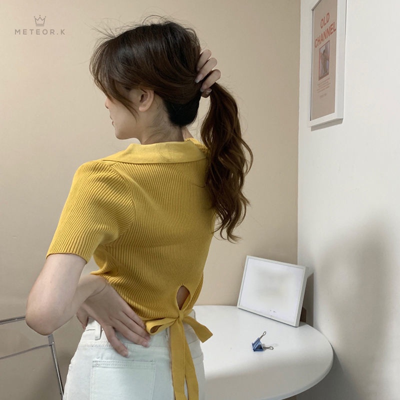 Áo thun dệt kim tay ngắn cổ chữ v thời trang mùa hè 2021 dành cho bạn nữ