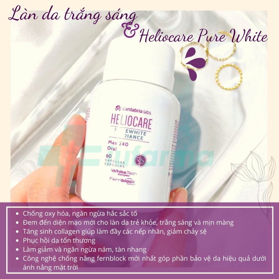 Viên uống trắng da Heliocare Purewhite Radiance Max ngừa thâm nám, tàn nhang, chống nắng 60 viên Tây Ban Nha
