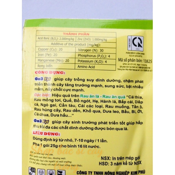 Phân bón lá GA3 Kích Vọt Đọt Nhú Mập Đọt Xanh Mướt Lá, Trắng Cọng, Ra Rễ To Bẹ, Nặng Ký, Nảy chồi cực mạnh gói 25 gram