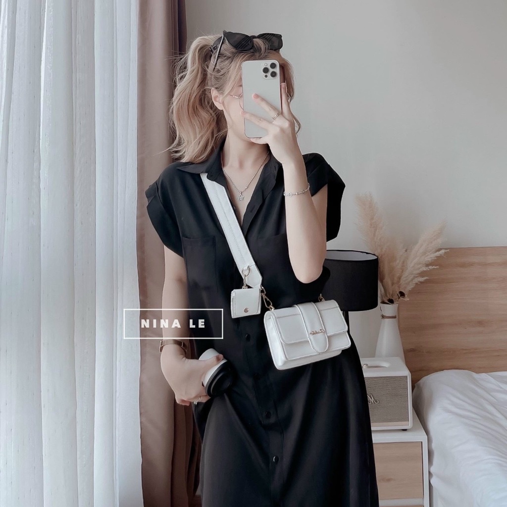 Đầm sơ mi tay ngắn cài nút có túi ngực xinh xắn