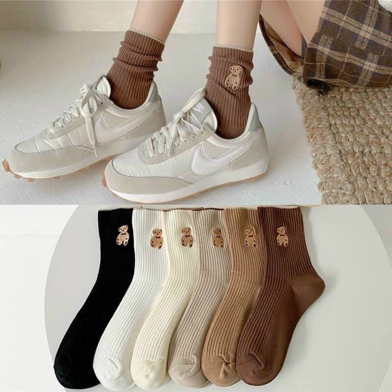 Set 6 đôi tất gấu len tăm cao cổ tông nâu tây vitage cực xinh-giadungsieure