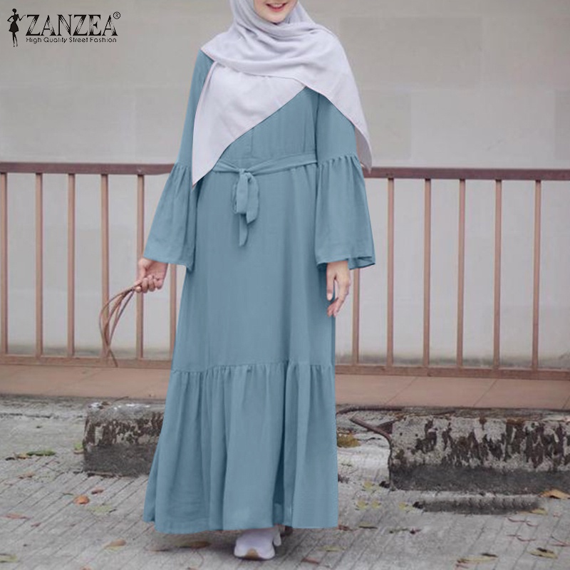 Zanzea Đầm Dài Tay Loe Cổ Tròn Thời Trang Dành Cho Nữ
