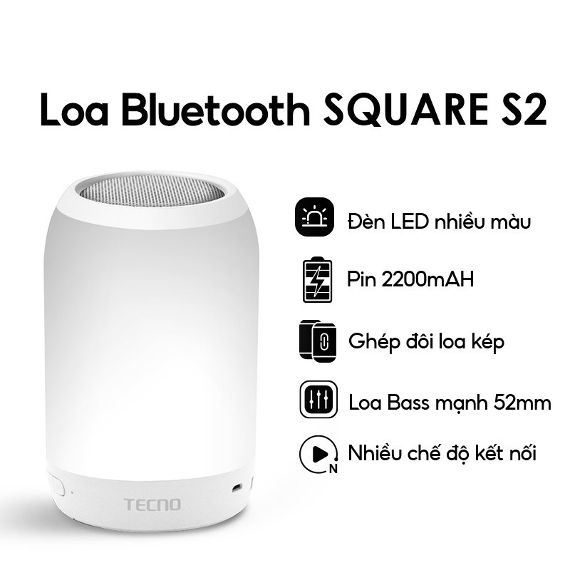 [Hàng tặng không bán] Loa Bluetooth Tecno Square S2 - Pin 2220 mAh - Đèn Led nhiều màu - Kết nối không dây