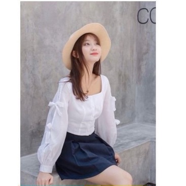 Áo croptop tay dài phối nơ xinh xinh