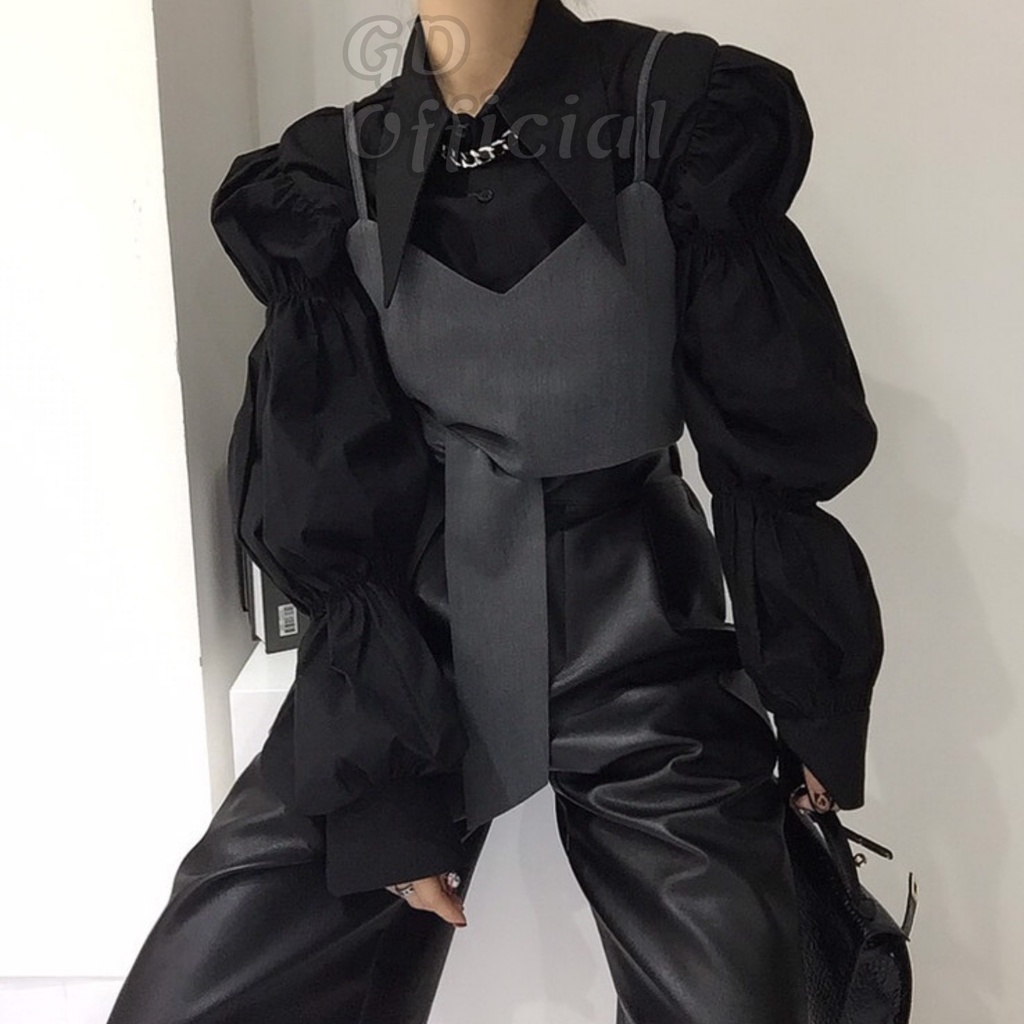 A81|Áo sơ mi nữ cotton công sở dài tay phồng suông rộng, croptop yếm hai dây thắt lưng cách địu xám, đen GD Official