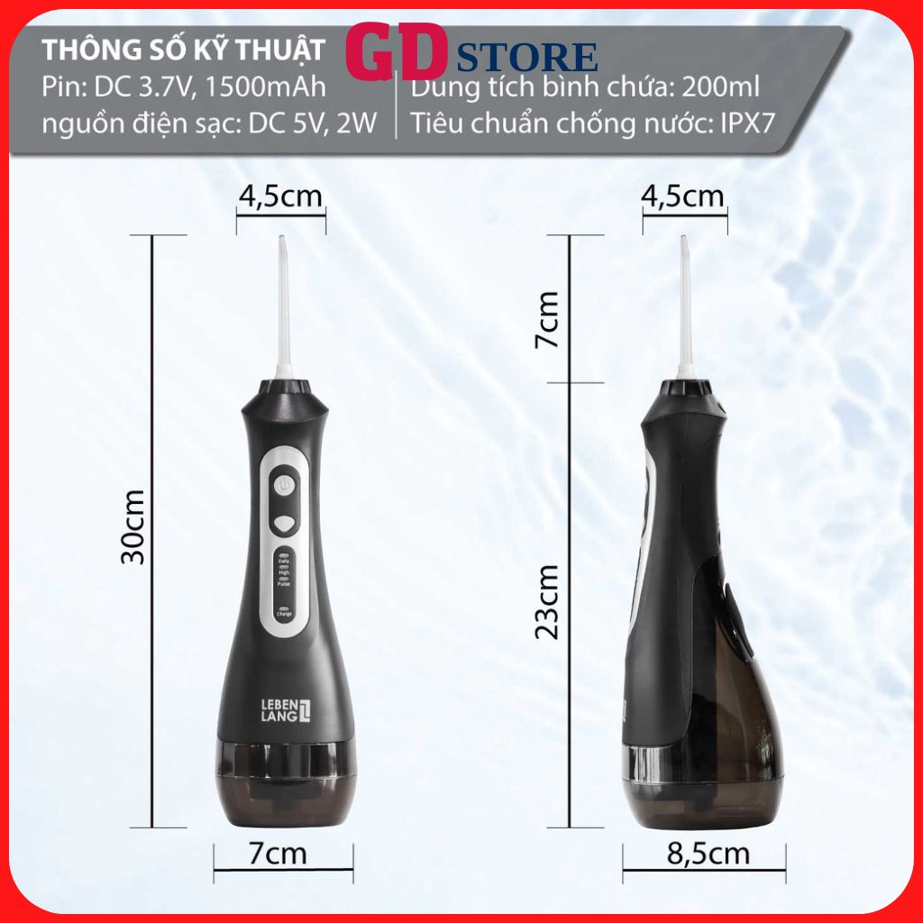 Máy tăm nước cầm tay,tăm nước mini LEBENLANG LBT1486S 3 chế độ 5 đầu tăm tặng kèm túi vải bảo hành 24 tháng