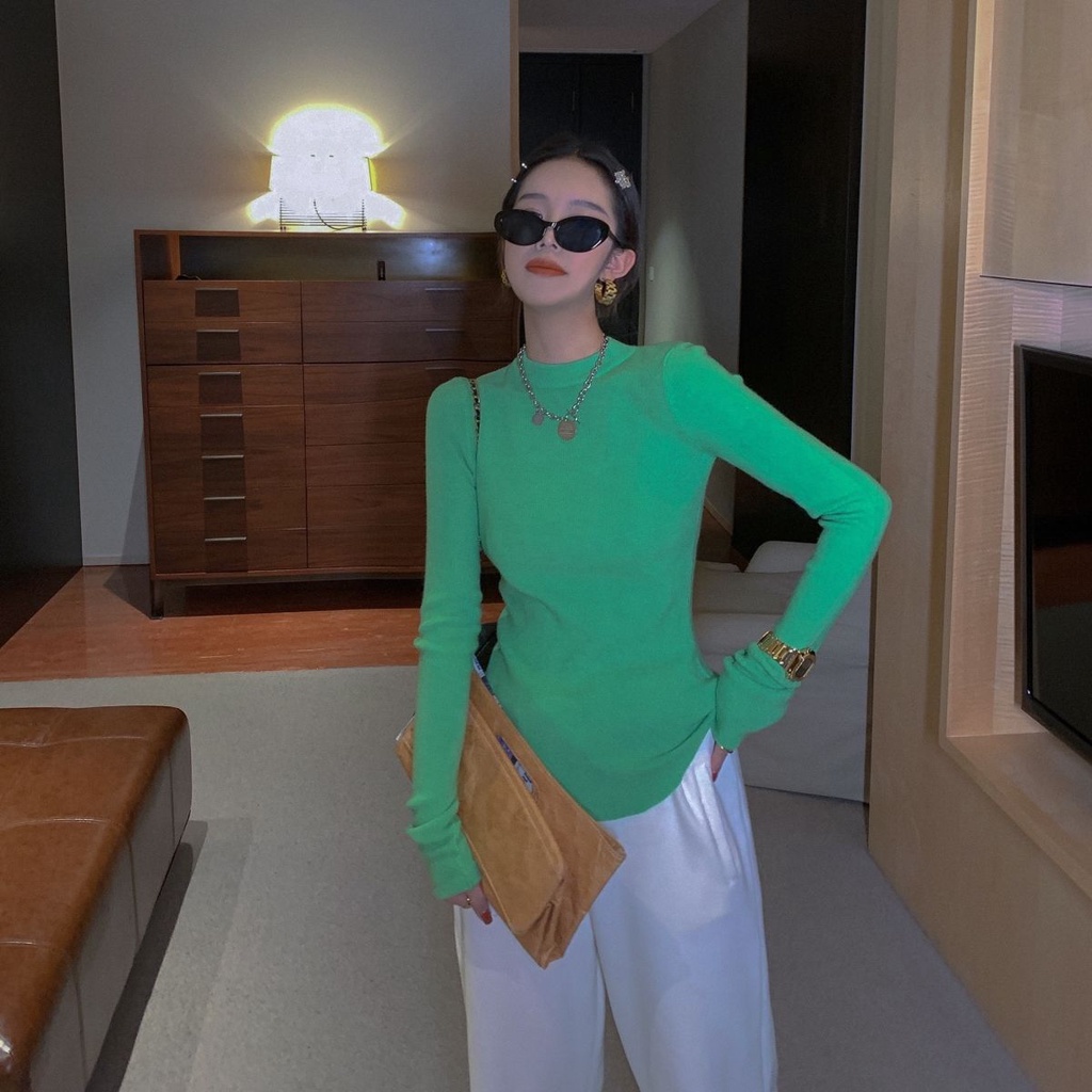 Áo thun COZOK dệt kim tay dài cổ tròn ôm dáng dễ phối đồ cho nữ