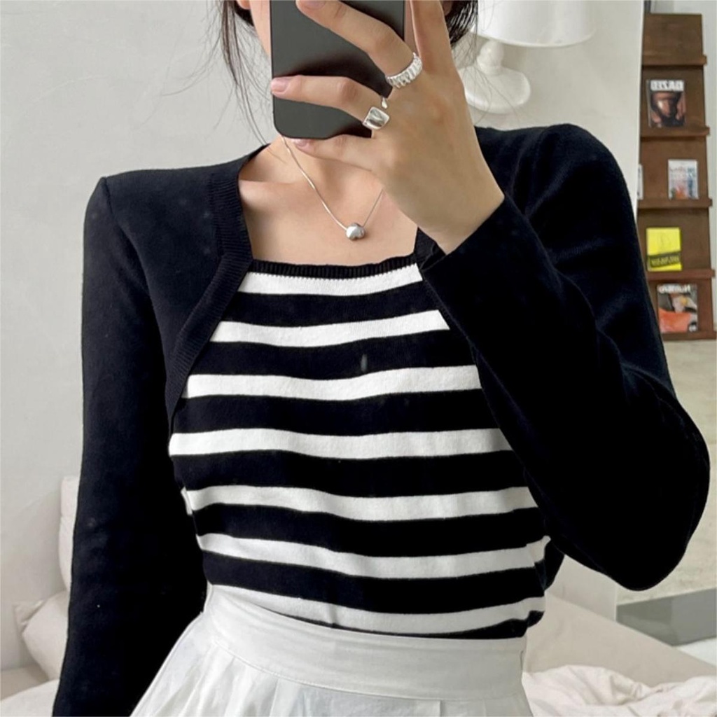 SUXI Áo Sweater Dệt Kim Tay Dài Dáng Ôm Họa Tiết Kẻ Sọc Thời Trang Mùa Thu Mới Cho Nữ