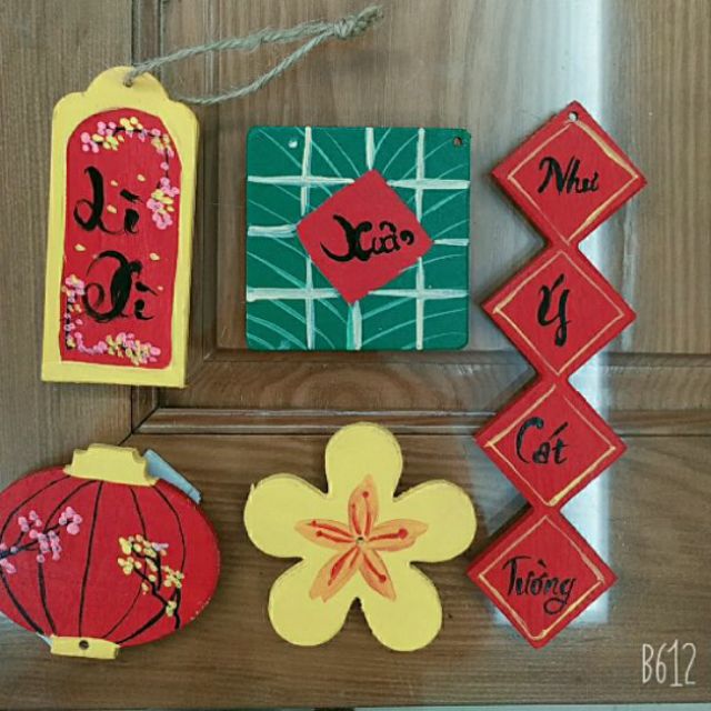 Set 5 món dày 5ly tô 2 mặt trang trí tết gỗ xinh( khánh gỗ trang trí quất đào, hoa)