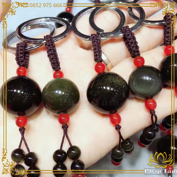 Móc Khóa Đá Obsidian Hạt Tròn Trơn Vân Tự Nhiên - Tâm Phong Thủy