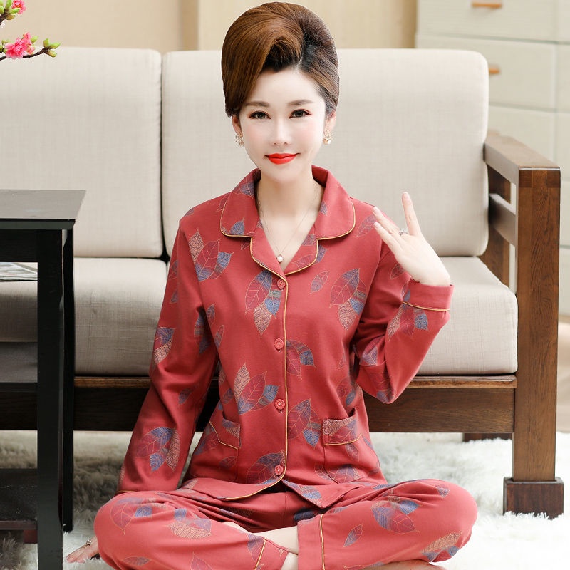 Bộ đồ ngủ của bà mẹ trung niên mùa xuân và mùa thu dài tay cotton cộng với size phù hợp với dịch vụ mặc ở nhà