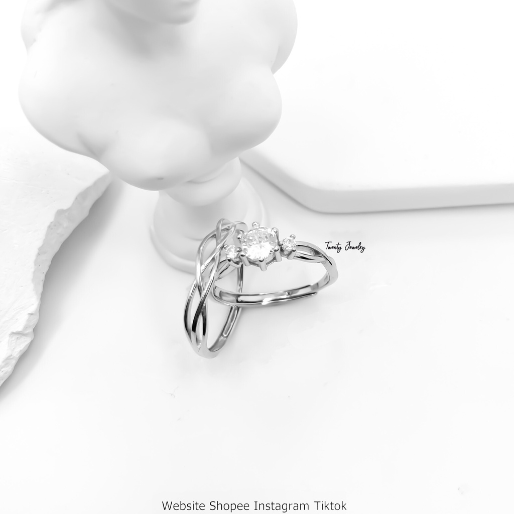 Nhẫn Đôi Bạc Đan Chéo Có Gắn Đá 2 Cara NDARJ4141. Nhẫn Đôi Bạc 925 Nam Nữ 20Silver