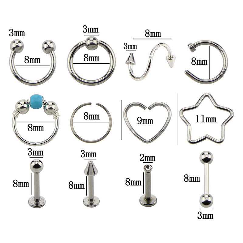 Set 12 khuyên đeo mũi / tai / sụn chất liệu thép không gỉ