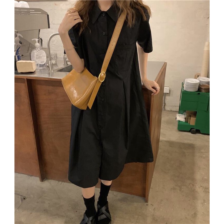 Đầm polo cổ sơ mi có túi ngực xếp ly eo cộc tay ulzzang T18 V16