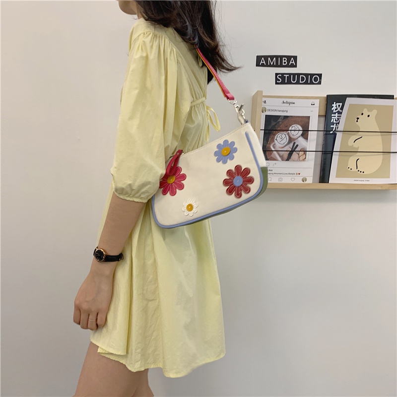 Túi IELGY đeo vai vải canvas họa tiết hoa màu sắc tương phản thời trang cho nữ
