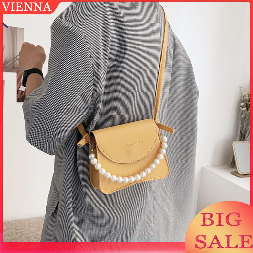 Fashion Women PU Crossbody Bag Casual Ladies Pearl Chain Pure Color Handbag