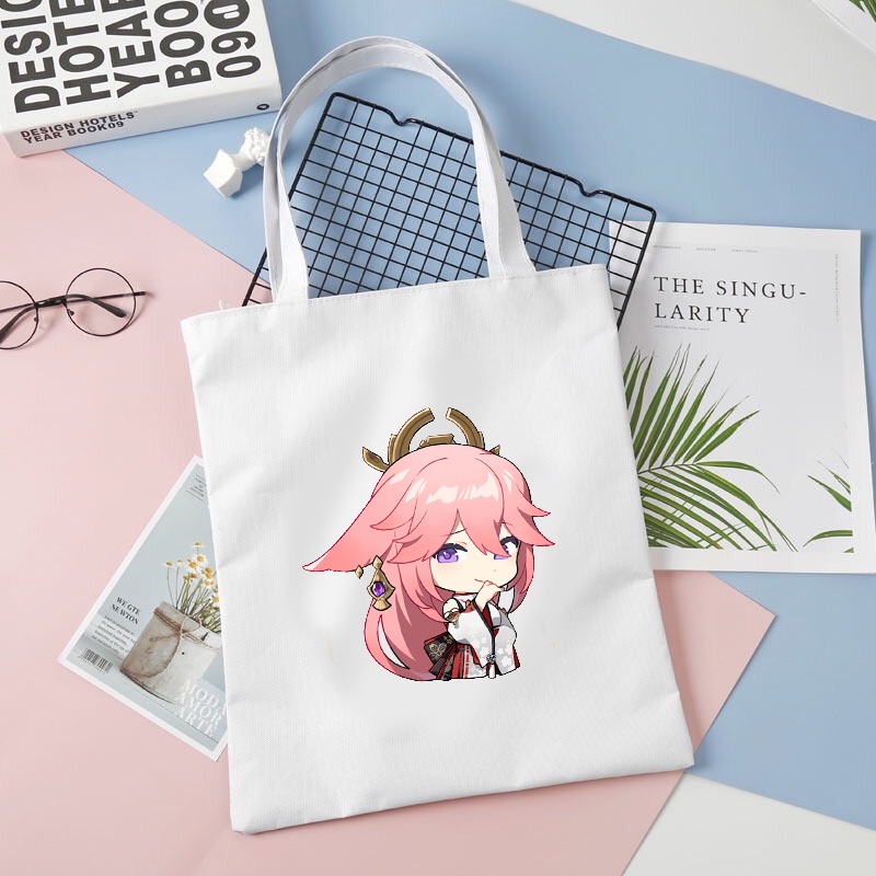 Túi tote vải đeo vai đen trắng in hình YAE MIKO game GENSHIN IMPACT anime chibi dễ thương cá tính