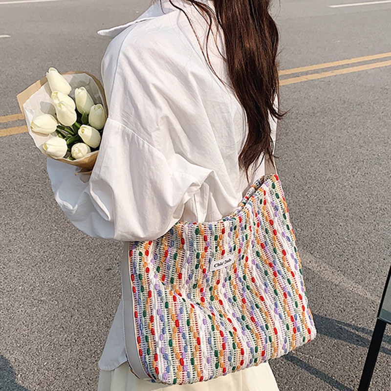 Túi Đeo Vai Vải Len Màu Cầu Vồng Cỡ Lớn Dễ Phối Đồ Cho Nữ