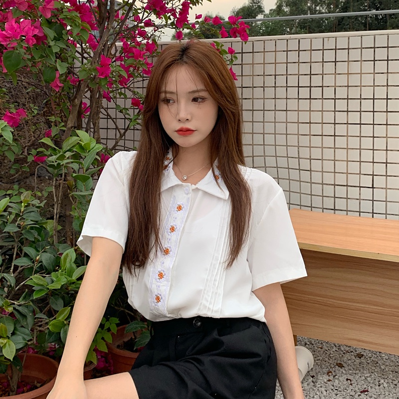 Áo Sơ Mi Ngắn Tay Thêu Hoa Thời Trang Hàn Quốc Cho Nữ