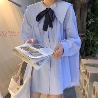 Váy sơ mi xanh bánh bèo cổ có nơ