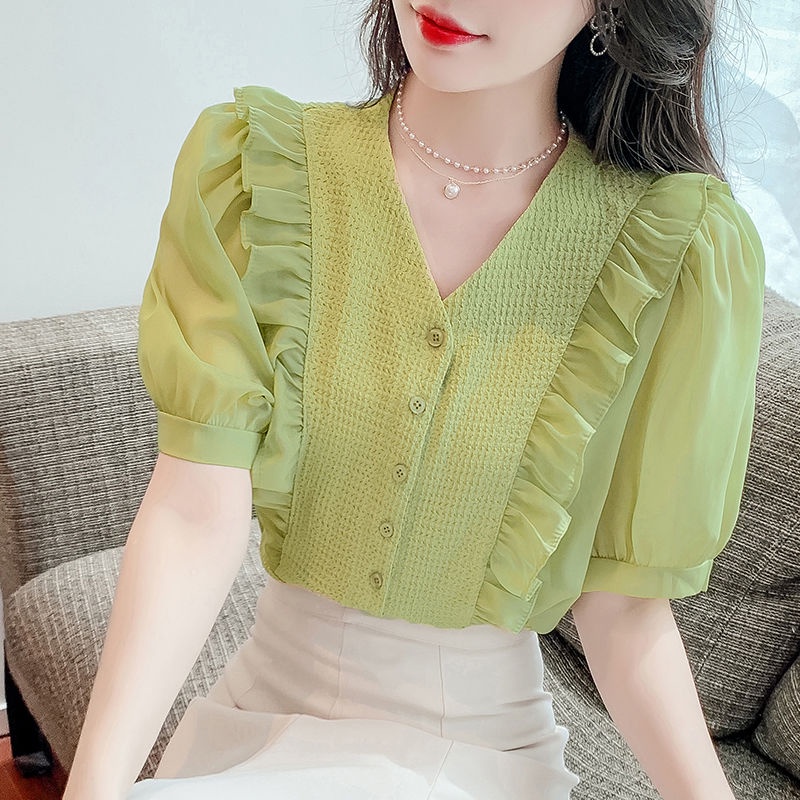 Áo Sơ Mi Chiffon Cổ v Tay Phồng Thời Trang Phong Cách Mới Dành Cho Nữ