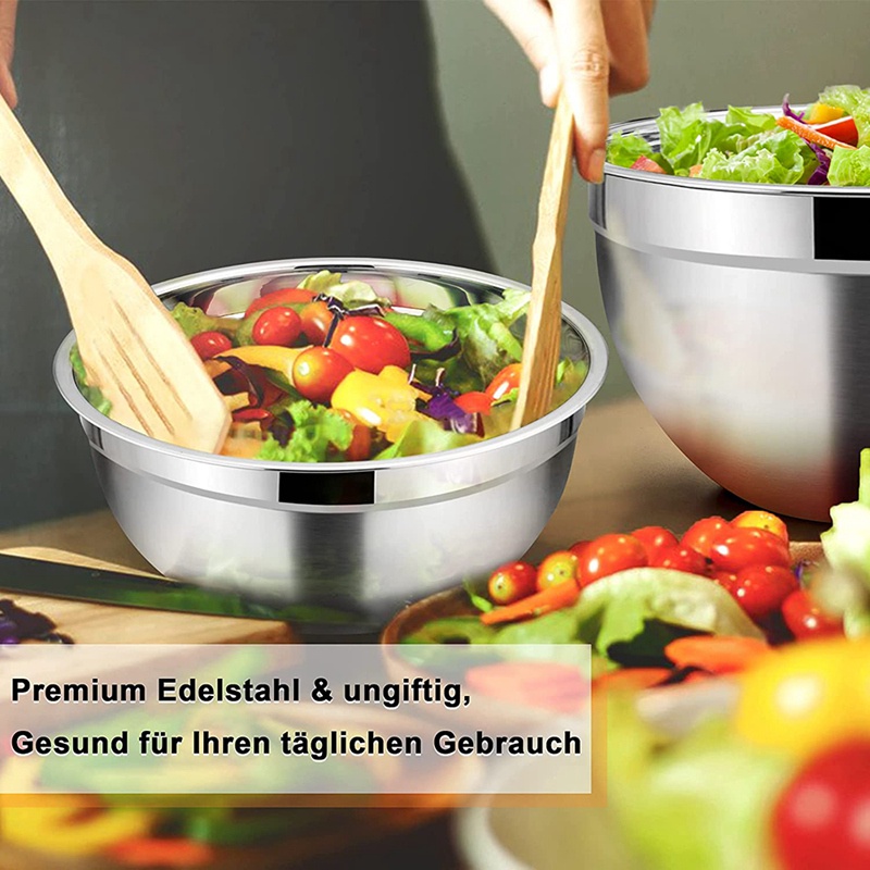 Bộ 5 Tô Trộn Salad Bằng Thép Không Gỉ Có Nắp Đậy Kín Khí Và Đế Chống Trượt Dùng Trong Nhà Bếp