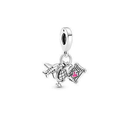 Mặt phụ kiện vòng tay pandora hình hành lý quả địa cầu máy bay bằng bạc sterling 925
