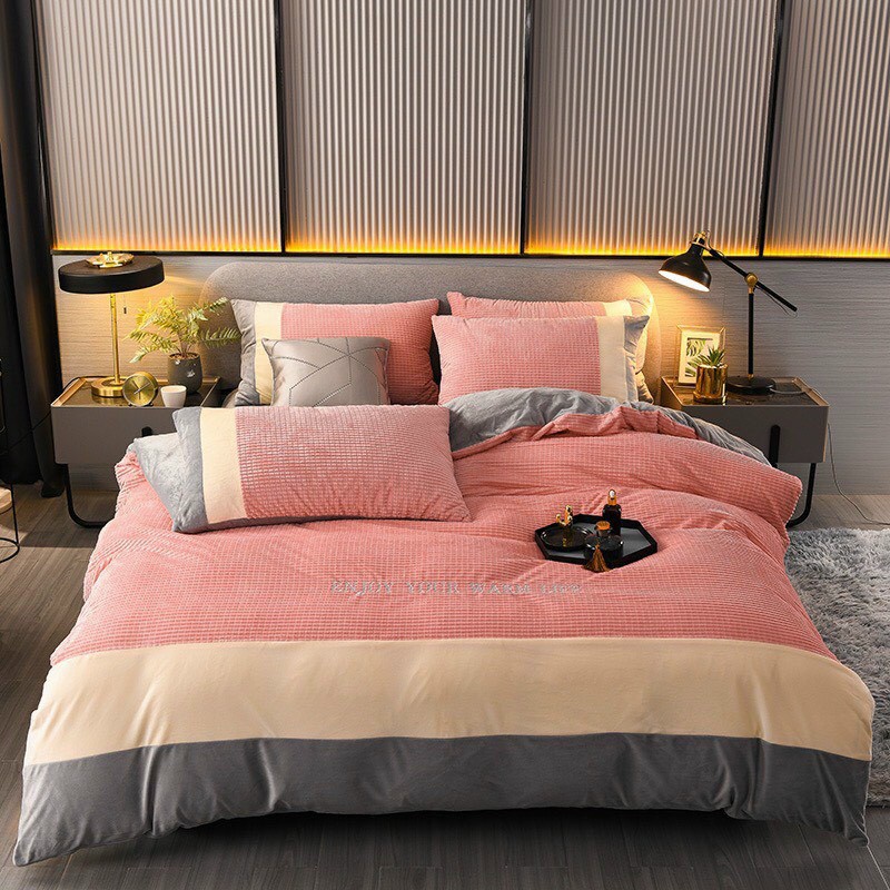 Bộ chăn ga gối nỉ nhung tăm cao cấp phối màu sang chảnh, đủ siz 1m6 x 2m , 1m8 x 2m , 2m x 2m2