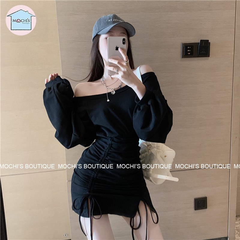 Váy đầm body dài tay lệch vai dây rút, mẫu Váy đầm len tăm body rút dây tôn dáng cực xinh -M027 | BigBuy360 - bigbuy360.vn