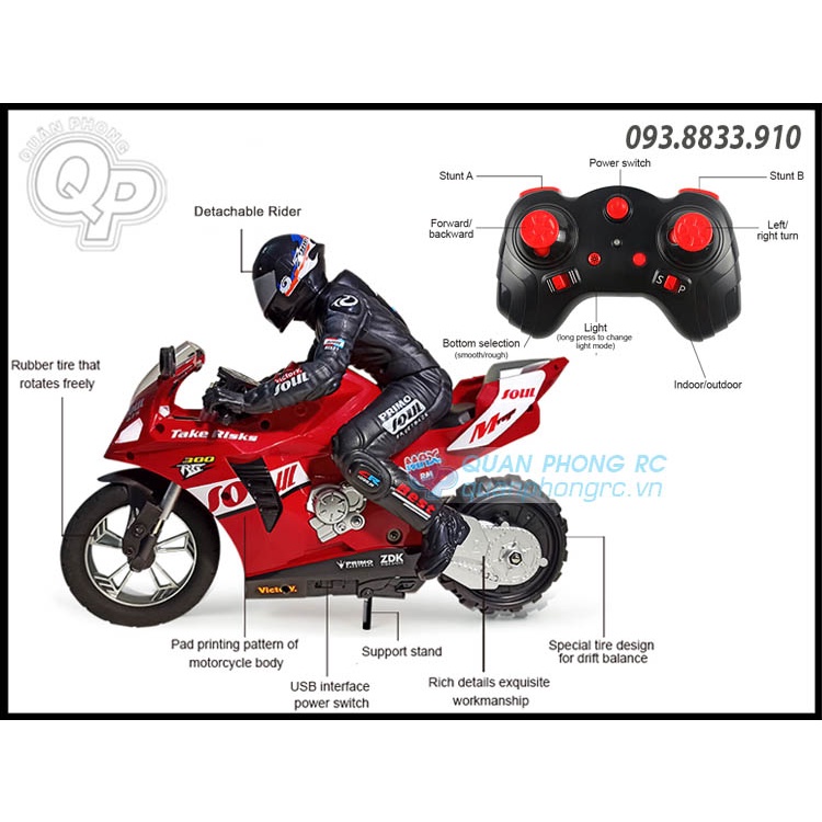 Xe Mô Tô Điều Khiển Tự Cân Bằng 1/16 STUNT MOTORCYCLE 2.4GHz Self-Balancing Motorcycle