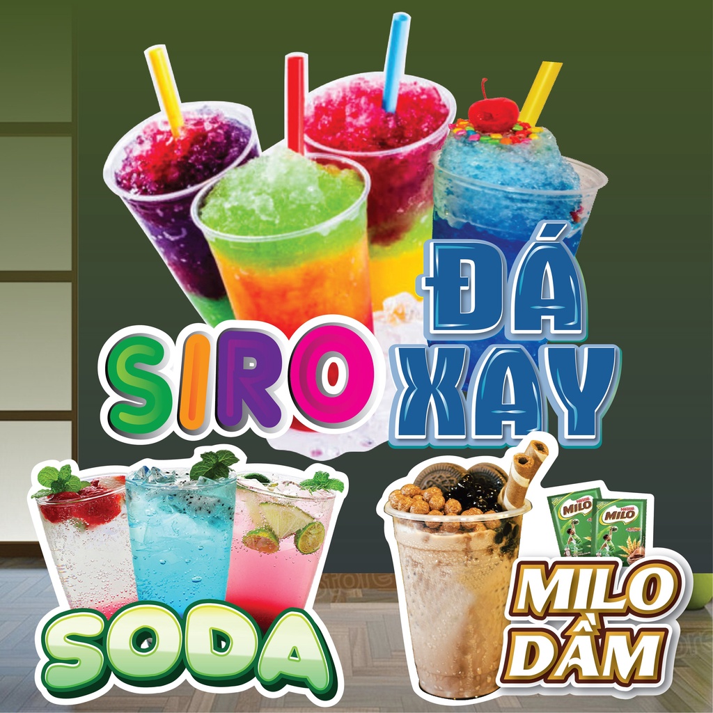 Decal trang trí quán Decal dán tường, tủ, kính hình ly trà sữa, sinh tố, cà phê, rau má, trà dâu,trà tắc,....