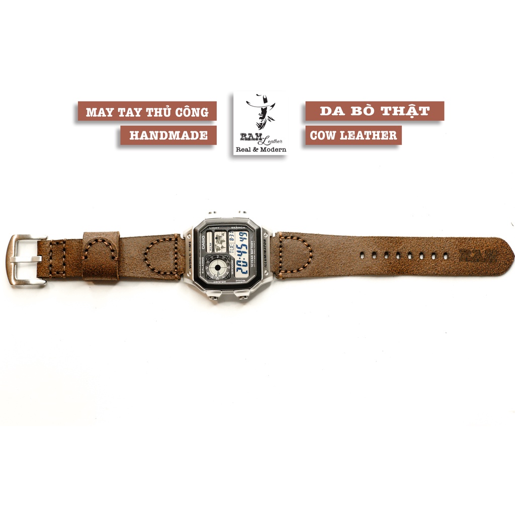 Dây đồng hồ RAM Leather Simple mài nhám cho CASIO 1200, AE 1200, 1300, 1100, A159 , A168 , Size 18 da bò vintage