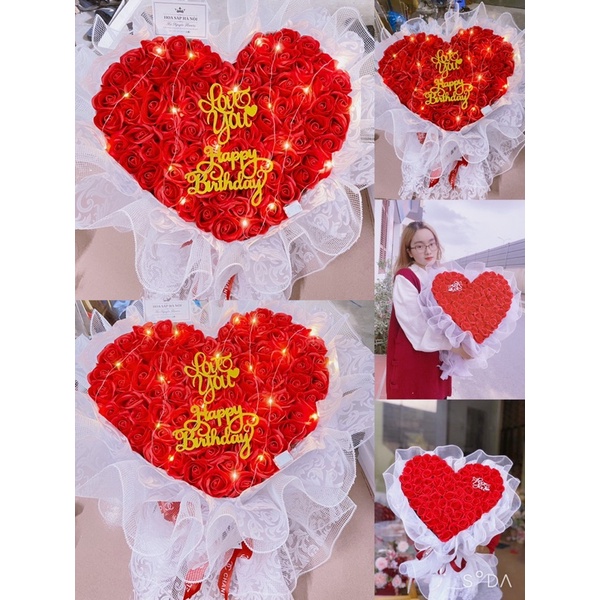 [Hoa sáp thơm - quà 14/2]_ Bó hoa hồng sáp  75 bông kết hợp lưới siêu sang tặng kèm đèn nháy và full toping