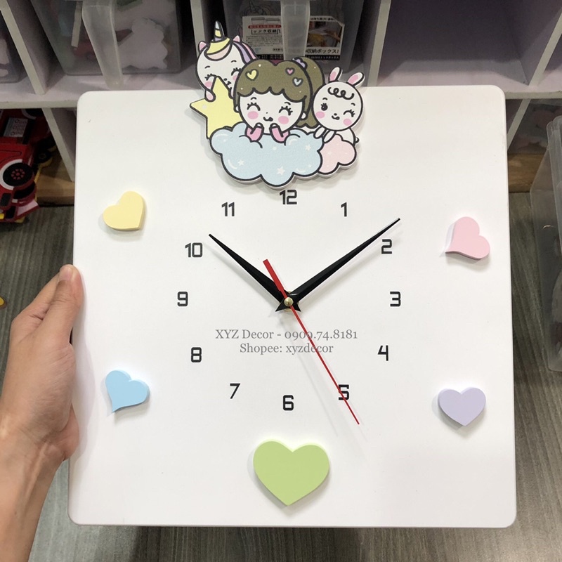 Đồng hồ Unicorn & em bé treo tường bằng gỗ trang trí phòng cho bé