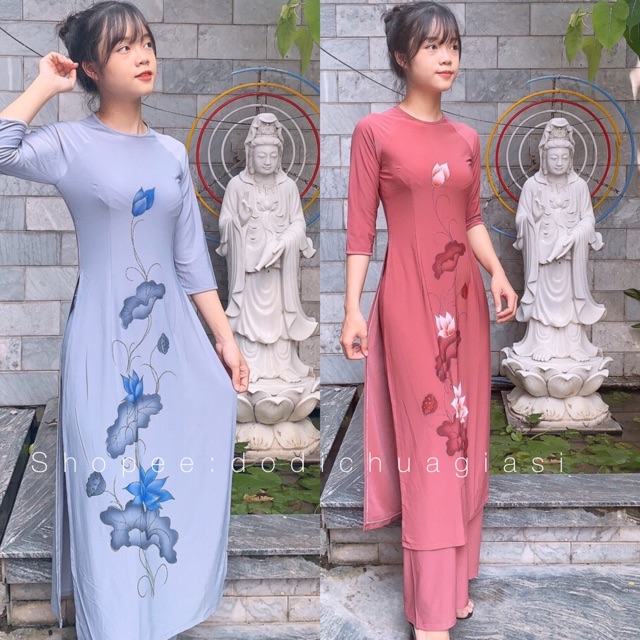 Đồ Lam # Áo Dài Đi Chùa Vải Thun Hoa Sen In