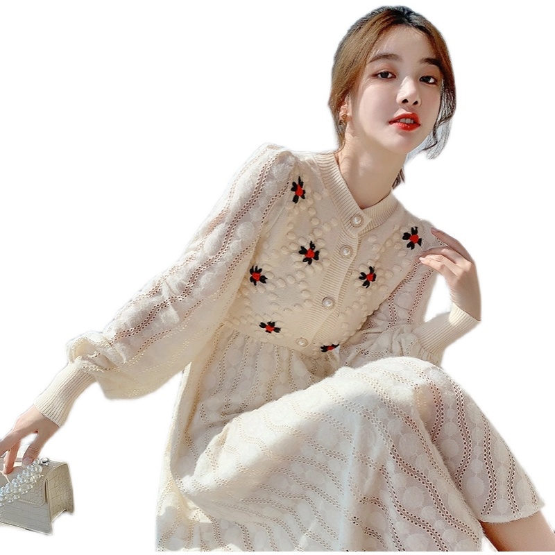 Đầm len dài qua gối thêu họa tiết thời trang mùa thu mới cho nữ 2021