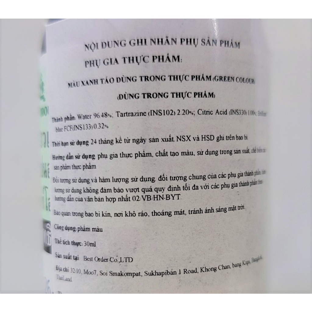 [Lọ 30ml – XANH TÁO] MÀU THỰC PHẨM [Thailand] BEST ODOUR Dark Green Colour Food Additive (halal)