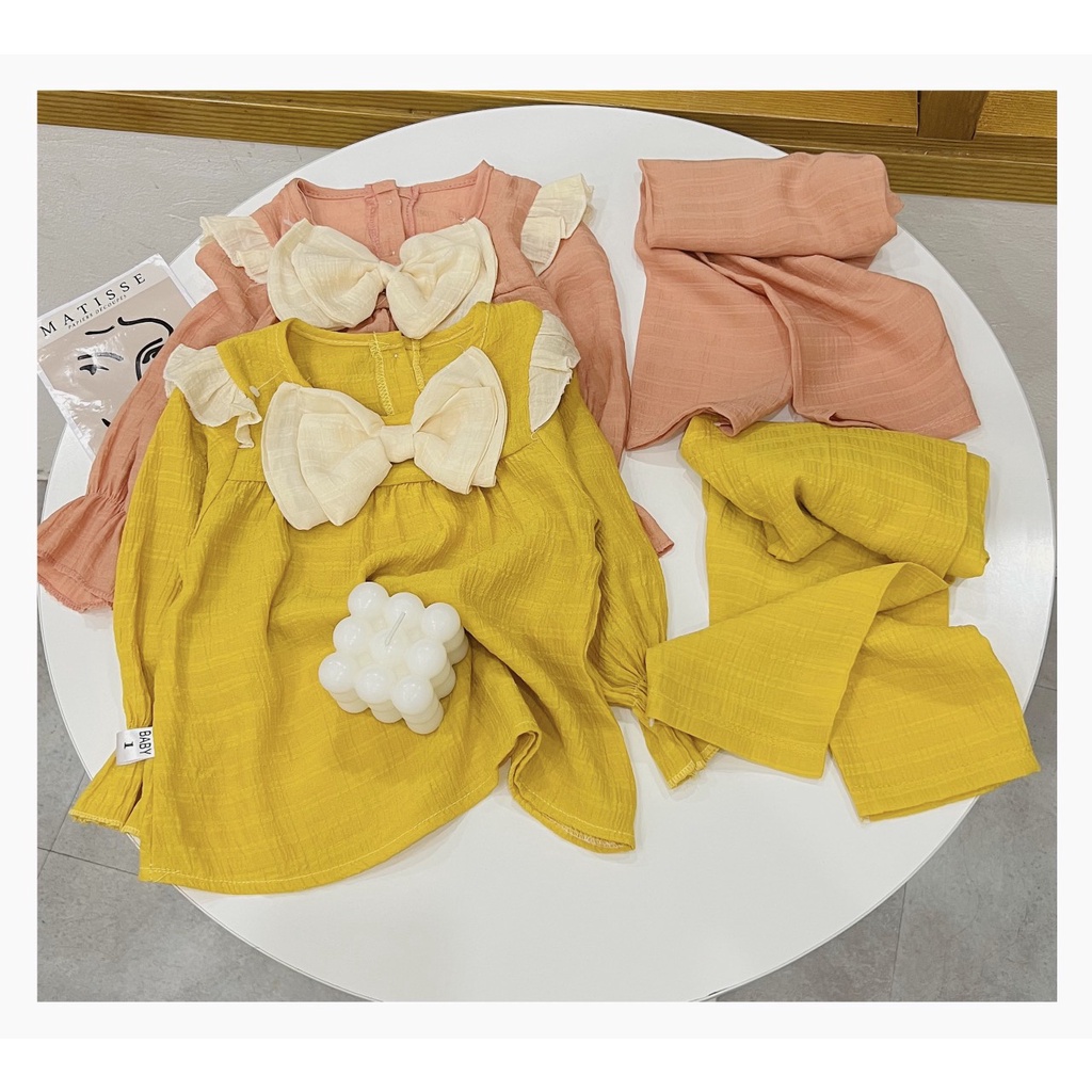 Bộ đũi giấy dài tay nơ trắng bé gái (8-25kg)