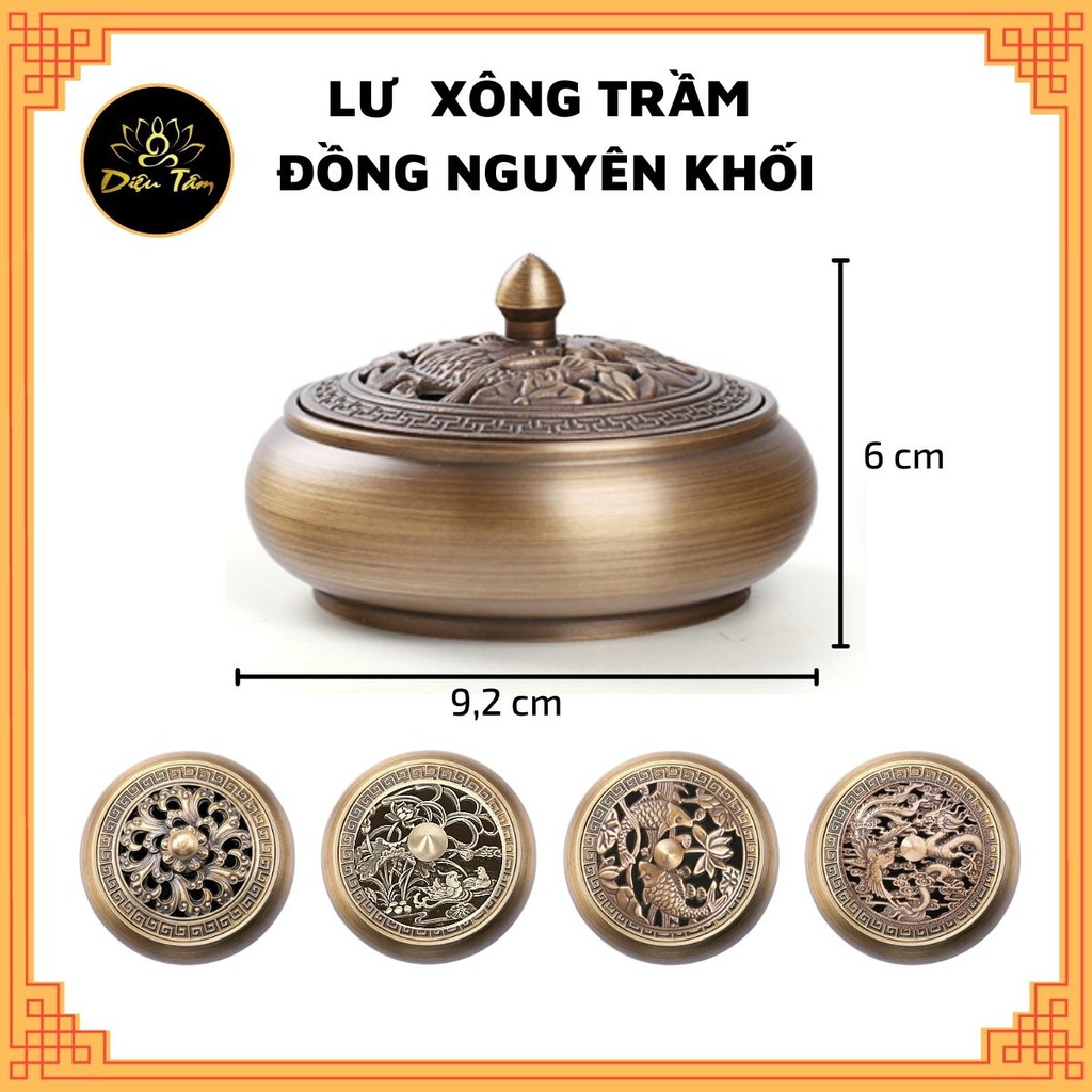 Lư xông trầm bằng đồng nguyên khối, dày dặn, chắc chắn, nắp hình rồng phượng, hoa sen, sen cá.