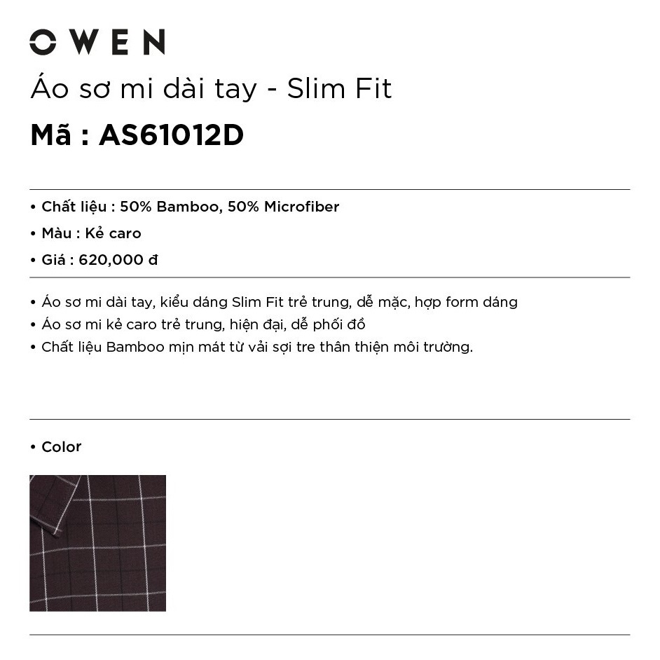 Áo Sơ Mi Nam Dài Tay Owen AS61012D Somi Công Sở Cao Cấp Màu Nâu Café Caro Trắng Đen Dáng Ôm Không Túi Chất Sợi Tre