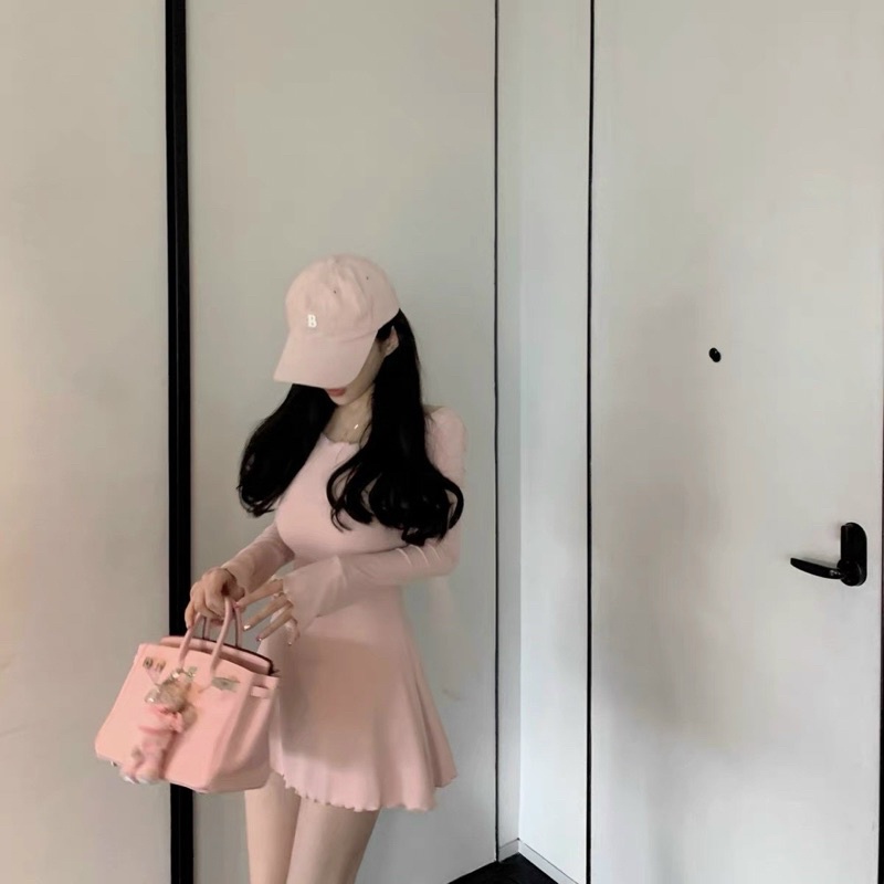 ❤Đầm dây lưng nhún ngực hồng xinh