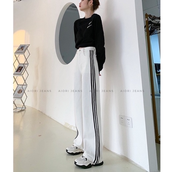 Quần Jean Nữ Aiori Ống Rộng Lưng Cao Màu Trắng Sọc Đen Bò Suông Phong Cách Thời Trang Cotton Cao Cấp Mềm Mịn Ulzzang