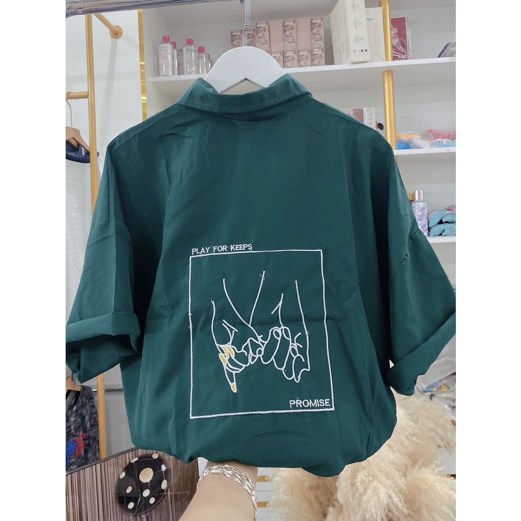 Sơ Mi Xanh Lá Tay Lỡ Thêu Hình Dáng Rộng Bàn Tay Tình Nhân Nam Nữ Unisex
