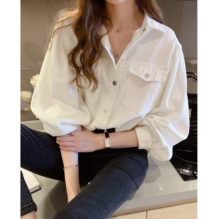 Unicorngirl/Áo Denim oversize tay bồng cúc kim loại bấm vải thô kaki mỏng mịn