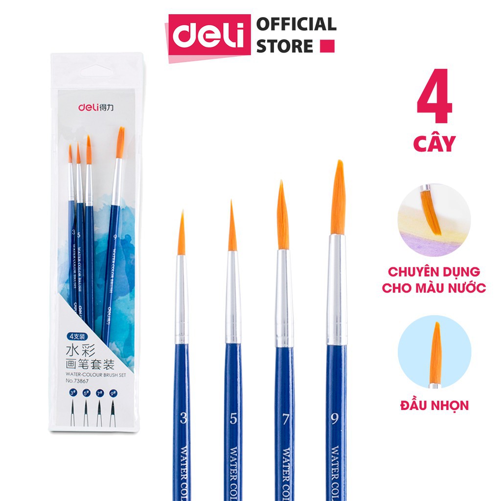 Bộ cọ vẽ chuyên nghiệp Deli - dùng cho màu nước/bột/sơn acrylic -Set 4/6 cây- 73885/73866/73867