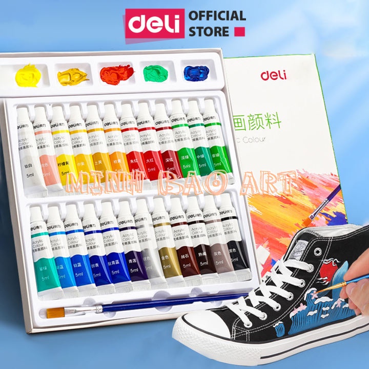 MÀU ACRYLIC DELI DẠNG TUÝP 5ML 12/18/24 MÀU (KÈM CỌ VÀ KHAY)