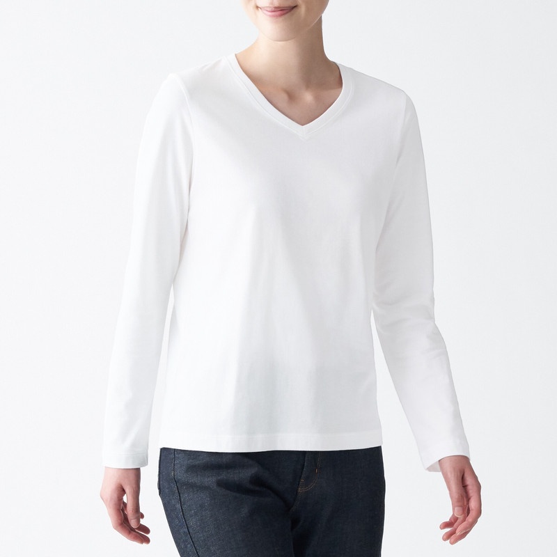 Muji Áo Thun Vải Jersey Cotton Ấn Độ Cổ V Dài Tay-Trắng