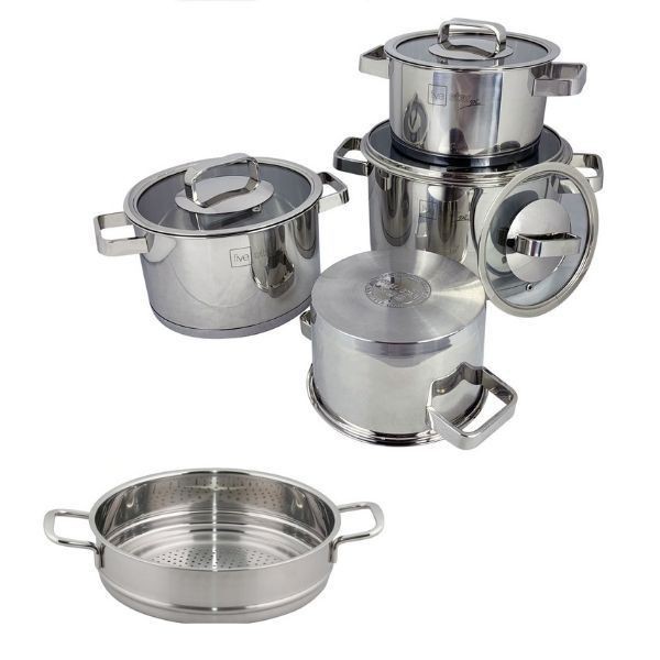 Bộ nồi xửng 3 đáy inox 304 Fivestar Plus 5 món nắp kính ( 1nồi 16cm x1nồi 18cm x1nồi 20cm x1nồi 24cm x 1thân xửng 24cm)